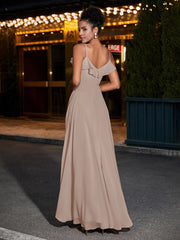Spaghetti Strap Chiffon Bridesmaid Gowns-Taupe