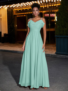 Spaghetti Strap Chiffon Bridesmaid Gowns-Turquoise