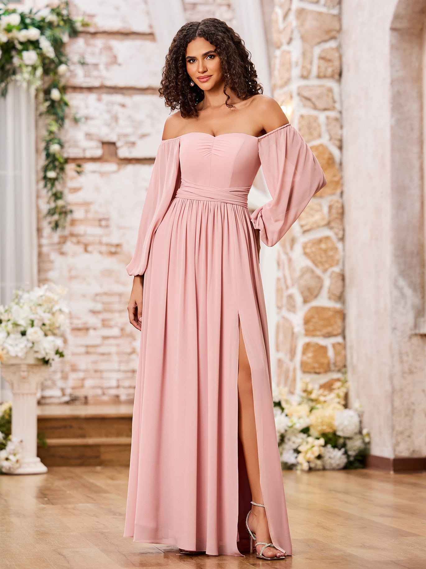 Plus Size Long Chiffon Dress With Low Crisscross Back BABARONI Off Shoulder Long Sleeves Chiffon Dresses Plus Size Long Chiffon Dress With Low Crisscross Back BABARONI Off Shoulder Long Sleeves Chiffon Dresses