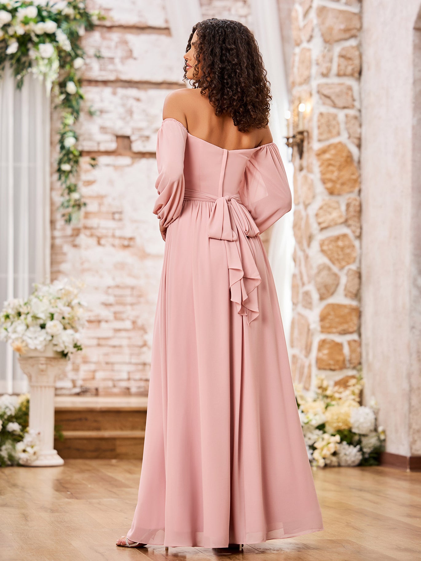 BABARONI Chiffon Dusty Rose Bridesmaid Dresses Off-the-shoulder  Floor-length Long Sleeve with Slit Ruched A-line