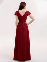 Cap Sleeves Chiffon Long Bridesmaid Dress Burgundy