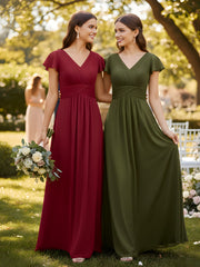 Cap Sleeves Chiffon Long Bridesmaid Dress Burgundy