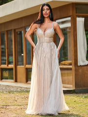 A-line Glittering Diamond Backless Floor-length Dress Champagne