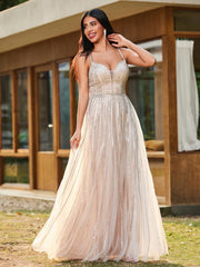 A-line Glittering Diamond Backless Floor-length Dress Champagne