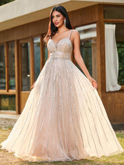 A-line Glittering Diamond Backless Floor-length Dress Champagne