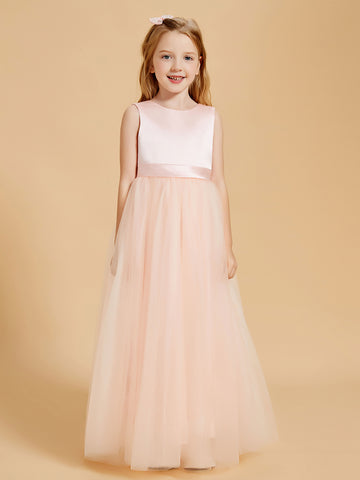 Beautiful Sleeveless Jewel A-Line Floor Length Flower Girl Dress Satin Tulle With Beadings