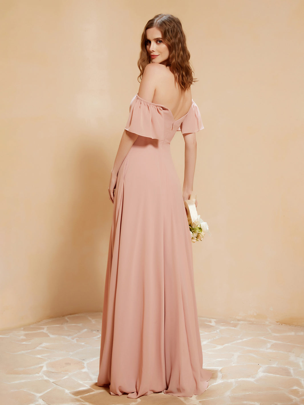 BABARONI Chiffon Dusty Rose Bridesmaid Dresses Off-the-shoulder Floor