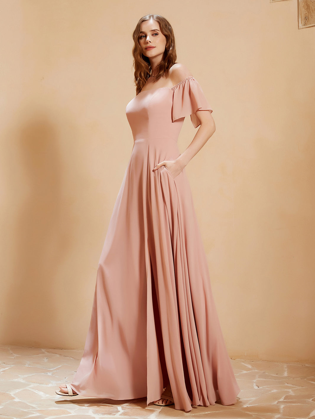 Off the Shoulder Spaghetti Strap Chiffon Gowns Dusty Rose main image 0