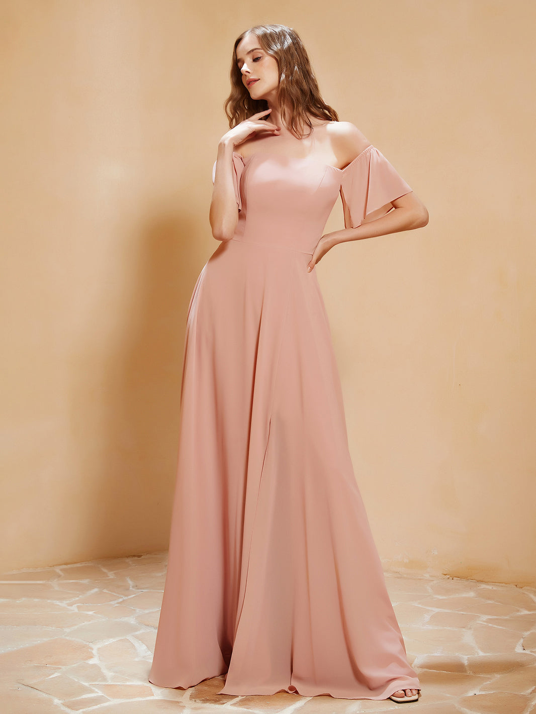 BABARONI Chiffon Dusty Rose Bridesmaid Dresses Off-the-shoulder Floor