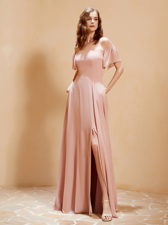 Off-Shoulder Halter Chiffon Dress with Blouson Bodice Dusty Rose Plus Size