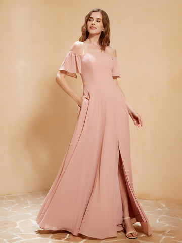 Off-Shoulder Halter Chiffon Dress with Blouson Bodice Dusty Rose