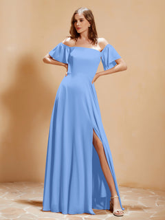 Off The Shoulder Chiffon Dress With Pocket Blue