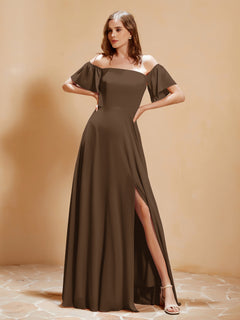 Off The Shoulder Chiffon Dress With Pocket Brown