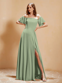 Off The Shoulder Chiffon Dress With Pocket Dusty Sage