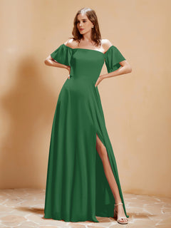 Off The Shoulder Chiffon Dress With Pocket Emerald