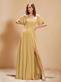 Off The Shoulder Chiffon Dress With Pocket Gold