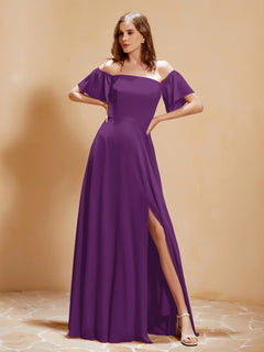 Off The Shoulder Chiffon Dress With Pocket Grape