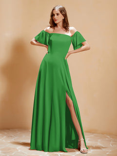 Off The Shoulder Chiffon Dress With Pocket Green