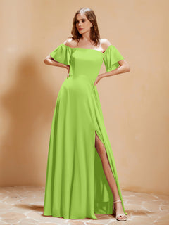Off The Shoulder Chiffon Dress With Pocket Lime Green
