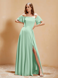 Off The Shoulder Chiffon Dress With Pocket Mint Green