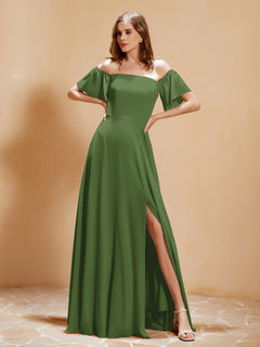 Off The Shoulder Chiffon Dress With Pocket Moss