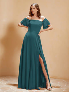 Off The Shoulder Chiffon Dress With Pocket Peacock