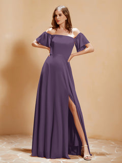 Off The Shoulder Chiffon Dress With Pocket Plum