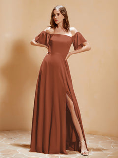 Off The Shoulder Chiffon Dress With Pocket Rust