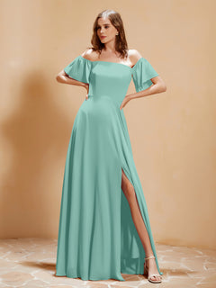 Off The Shoulder Chiffon Dress With Pocket Turquoise