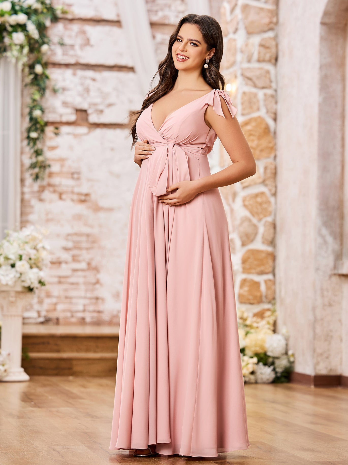 BABARONI Deep V-neck Chiffon Maternity Dresses with Shoulder Bows Watermelon, Watermelon / US0