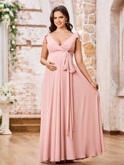 Deep V-neck Chiffon Maternity Dresses with Shoulder Bows Dusty Rose