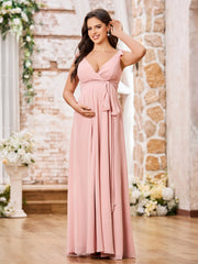 Deep V-neck Chiffon Maternity Dresses with Shoulder Bows Dusty Rose