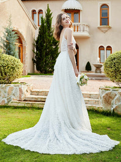Lace Bodice Backless Chapel Train Wedding Dress Ivory