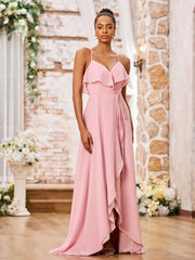 Spaghetti Strap Short Front Long Back Chiffon Dresses Dusty Rose