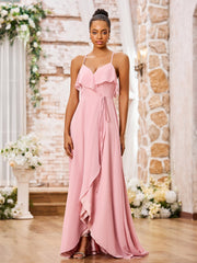 Spaghetti Strap Short Front Long Back Chiffon Dresses Dusty Rose