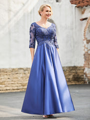 V-Neck Lace Top A-line Satin Dress Navy Blue