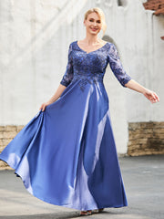 V-Neck Lace Top A-line Satin Dress Navy Blue