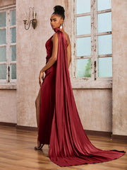 One Shoulder Floor-length Dress With Ribbons Burgundy