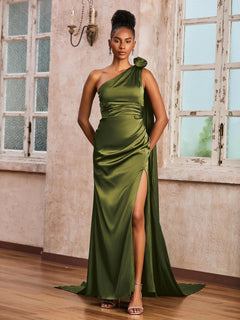 One Shoulder Floor-length Dress With Ribbons Olive Green