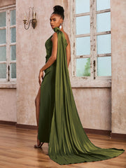 One Shoulder Floor-length Dress With Ribbons Olive Green