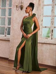 One Shoulder Floor-length Dress With Ribbons Olive Green