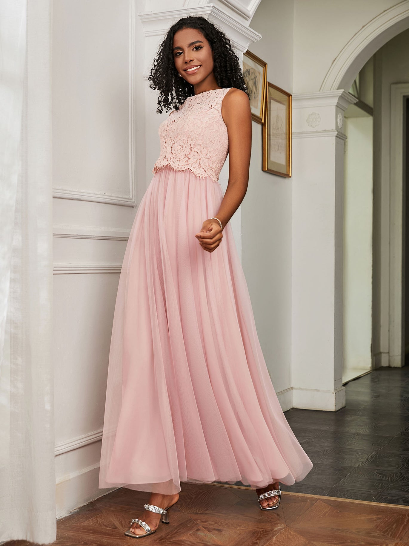 BABARONI A-Line Sleeveless Tulle Floor-Length Dress Dusty Rose, Dusty Rose / US0