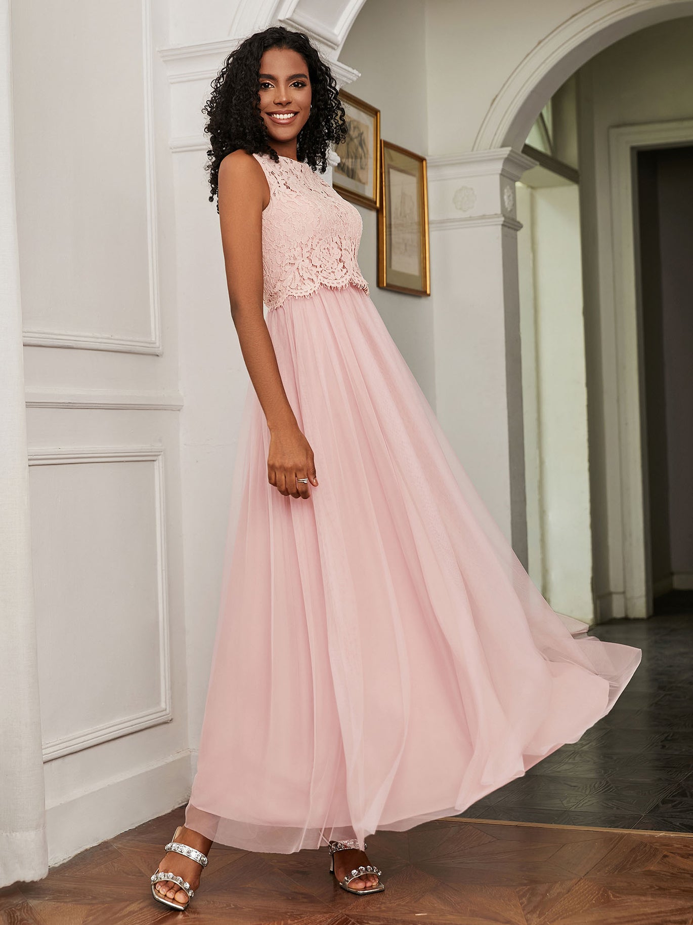 BABARONI A-Line Sleeveless Tulle Floor-Length Dress Dusty Rose, Dusty Rose / US0