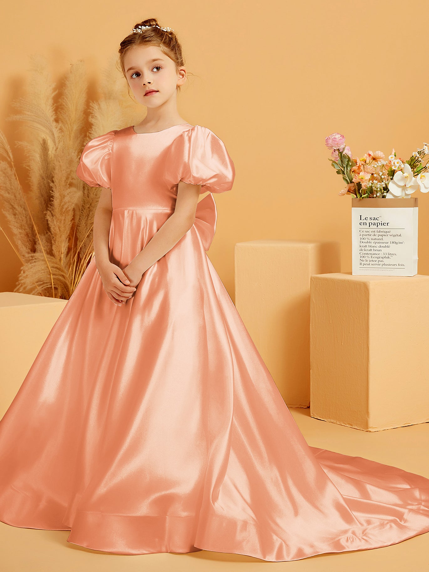 BABARONI Flower Girl Dress - Satin A-Line Scoop Neck Gown with Bubble Sleeves & Train
