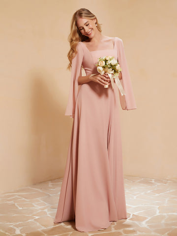 Square Neckline Ruched Chiffon Floor-length Dress Dusty Sage