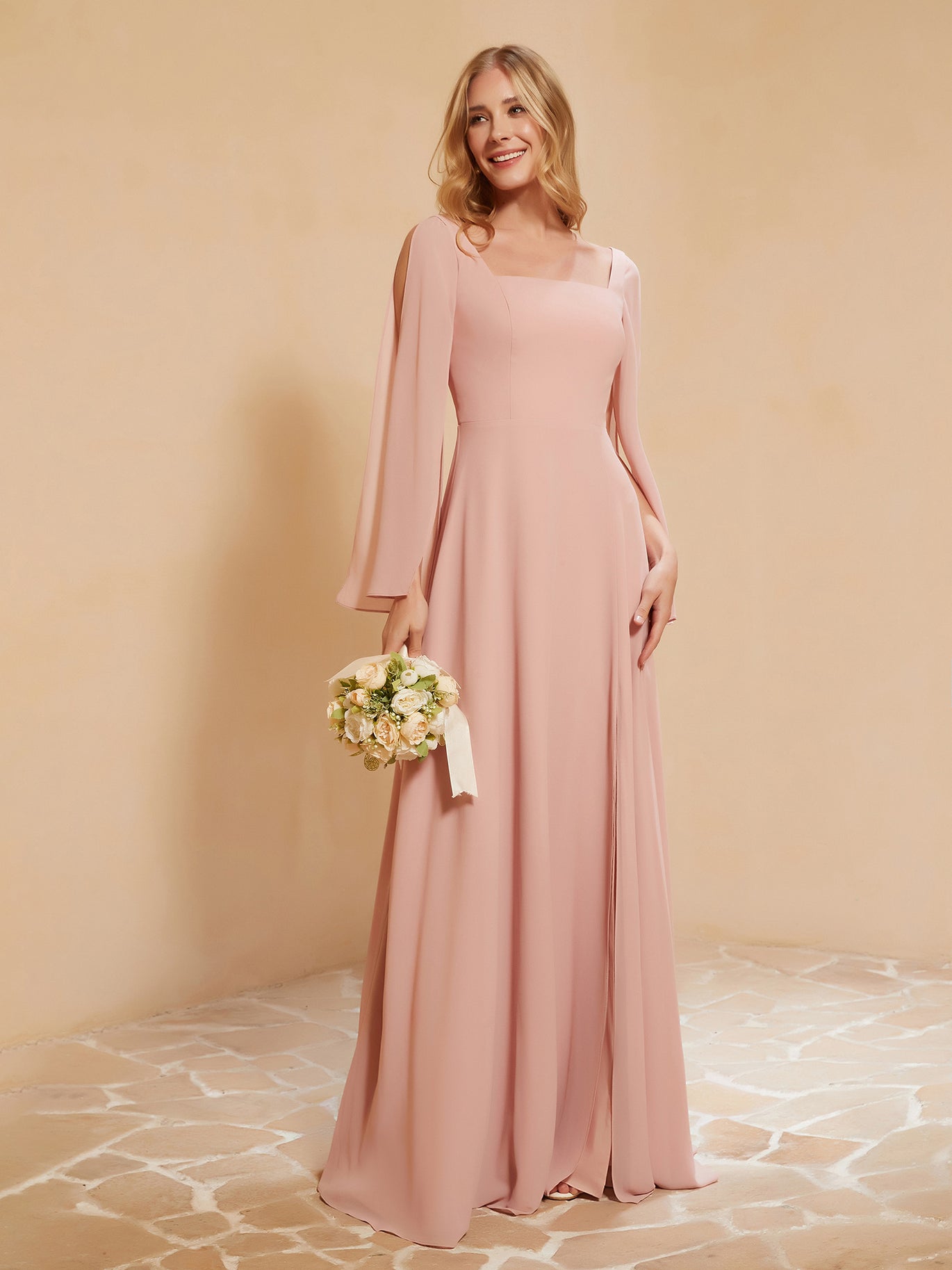 long sleeve pink bridesmaid dresses BABARONI Square Neckline Ruched Chiffon Floor-length Dress Peach, Peach / US0