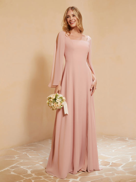 Square Neckline Ruched Chiffon Floor-length Dress Orange main image 1