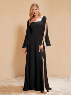 Square Neckline Ruched Chiffon Floor-length Dress Black