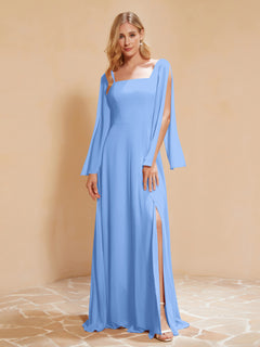 Square Neckline Ruched Chiffon Floor-length Dress Blue