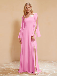Square Neckline Ruched Chiffon Floor-length Dress Candy Pink